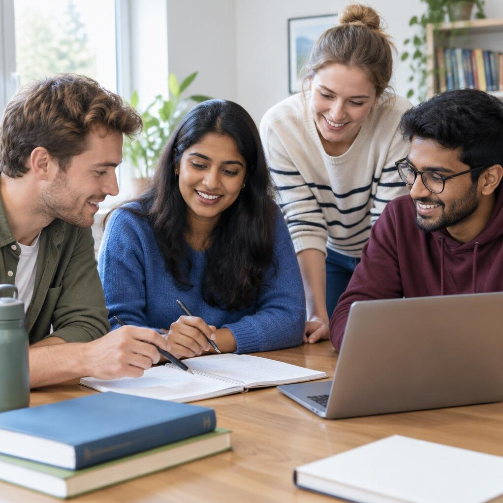 Group of young adults studying together around a table