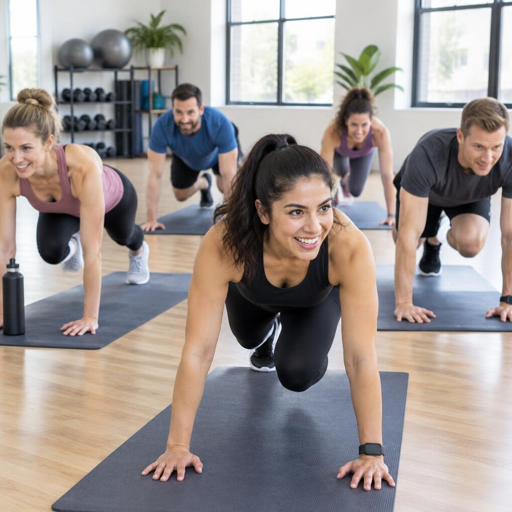 Group fitness class exercising in a bright studio