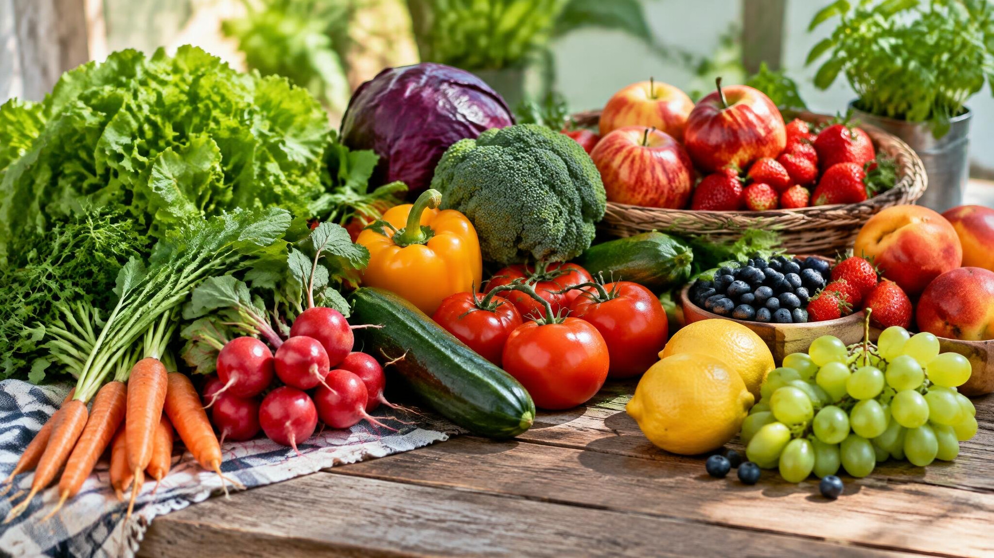 Fresh vegetables and fruits arranged on a table