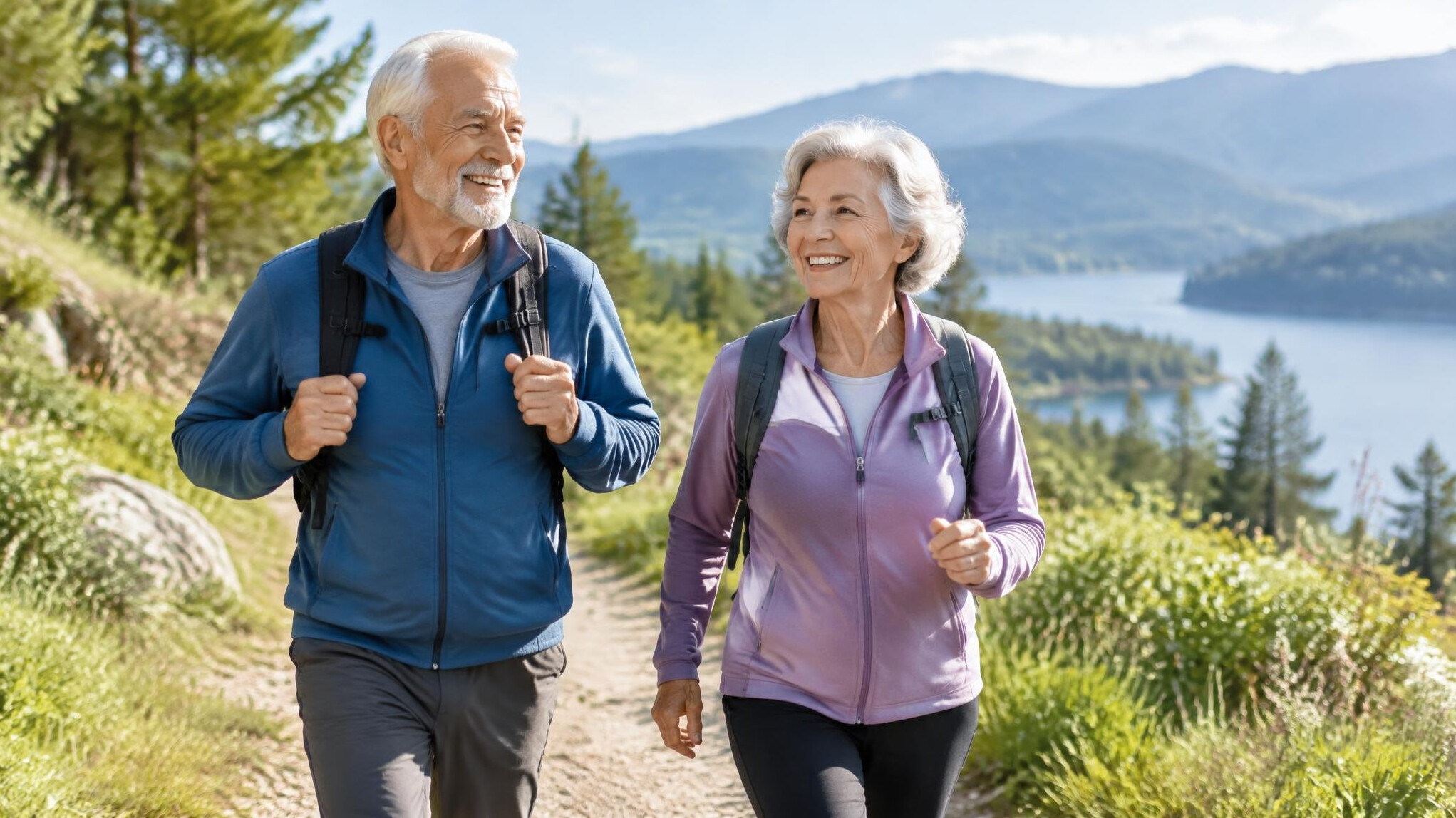 elderly couple walking in nature